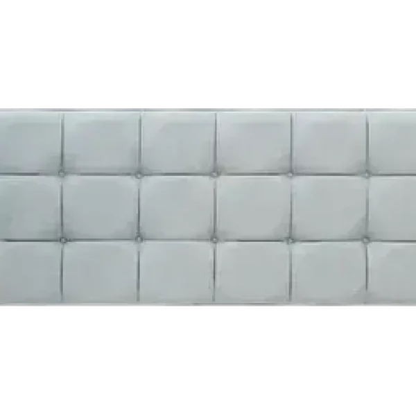 A light blue, deeply-upholstered headboard with three rows of buttoned squares in a modern design. The headboard is shown against a plain grey background.