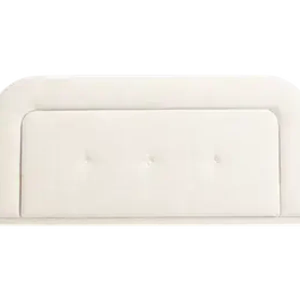 An elegant, cushioned headboard with a rounded top and a recessed central panel featuring three buttons. The headboard is in a neutral color and is shown against a plain grey background.