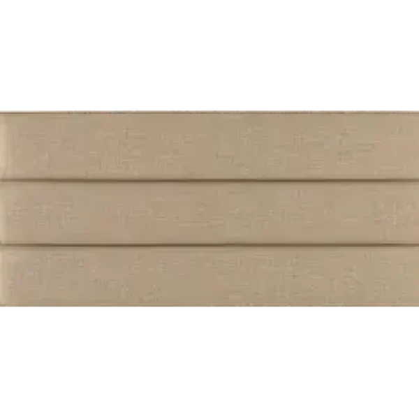 A contemporary headboard with three upholstered horizontal panels, shown in a light, neutral-colored fabric. The headboard is shown against a plain grey background.