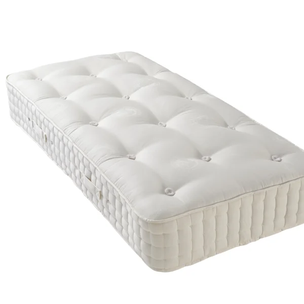 A detailed product description for the Hypnos Luxury No Turn 9 mattress. It highlights the mattress's three layers of natural latex, ReActivePro™ 9-turn pocket spring system, and double-sided design, along with dimensions, weight, and a 10-year guarantee.