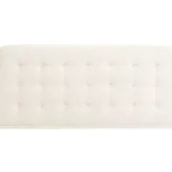 A light, neutral-colored upholstered headboard with a softly curved top and a grid buttoned pattern. The headboard is shown against a plain grey background.