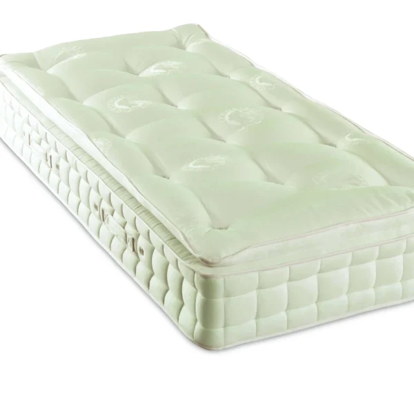 A visually detailed product description for the Hypnos Pillow Top Classic mattress, featuring a list of its high-quality natural and sustainable fillings, a 10-year guarantee, and tables for dimensions and weight. The description highlights the mattress's plush pillow top and ReActivePro™ spring system.