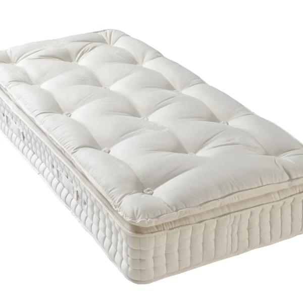 A visually detailed product description for the Hypnos Pillow Top Elite mattress, featuring a list of its high-quality natural and sustainable fillings, a 10-year guarantee, and tables for dimensions and weight. The description highlights the mattress's plush pillow top and ReActivePro™ spring system.