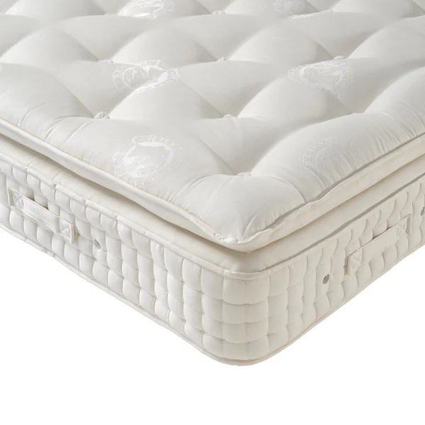 A visually detailed product description for the Hypnos Pillow Top Luxe mattress, featuring a list of its high-quality natural and sustainable fillings, a 10-year guarantee, and tables for dimensions and weight. The description highlights the mattress's plush pillow top, medium to medium soft feel, and ReActivePro™ spring system.