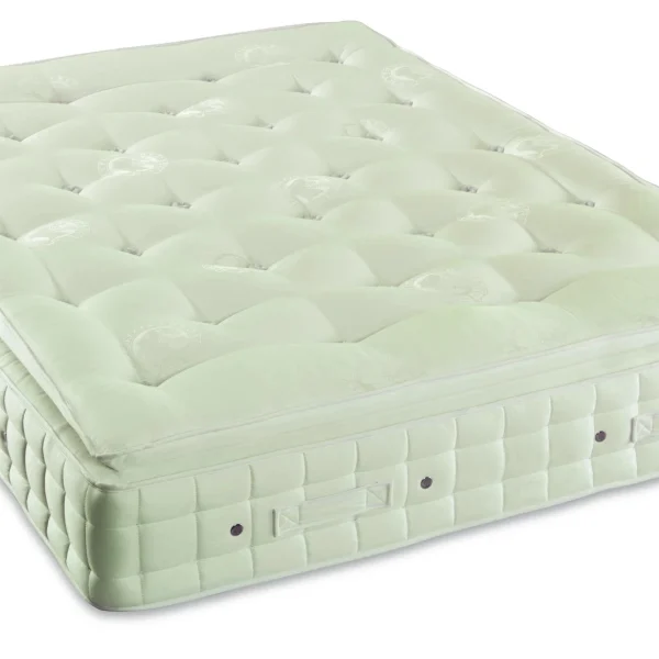 A visually detailed product description for the Hypnos Pillow Top Select mattress, featuring a list of its high-quality natural and sustainable fillings, a 10-year guarantee, and tables for dimensions and weight. The description highlights the mattress's plush pillow top and ReActivePro™ spring system.