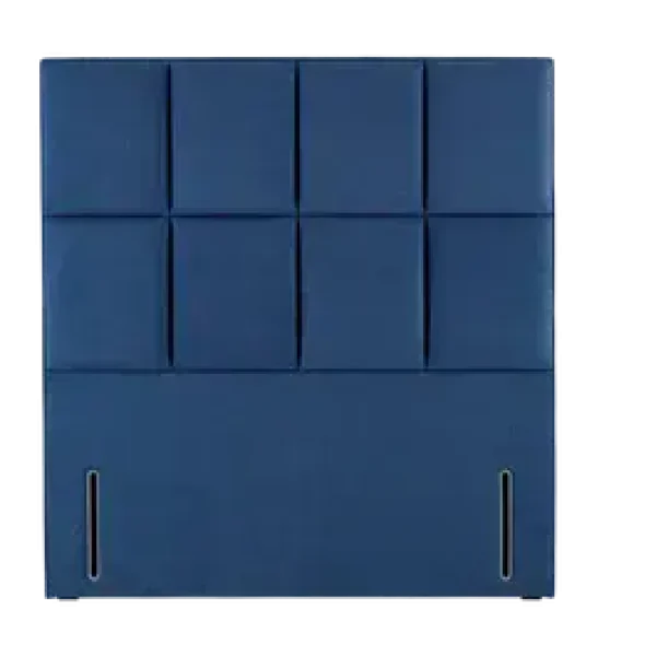 A luxurious euro-slim headboard with a piped border and two rows of upholstered square segments, shown in a dark blue upholstered fabric. The headboard is shown against a plain grey background.