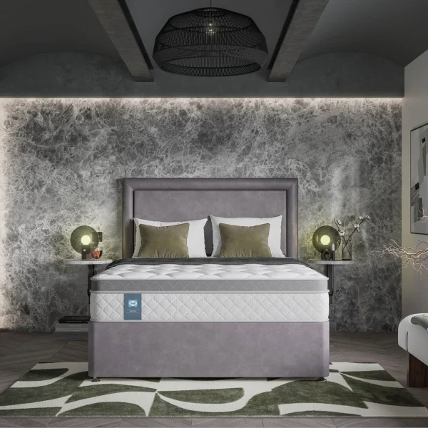 A screenshot of the Sealy Visionary mattress product page. The images show the mattress on a divan base in a modern bedroom setting, a close-up of the mattress's quilting, and a list of key features including PostureTech SenseSupport® springs, Geltex® foam, and a 5-year guarantee.