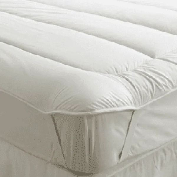 A close-up image of a thick, quilted wool-filled mattress topper. The topper is white and appears soft and plush, showcasing its luxurious and comforting design.