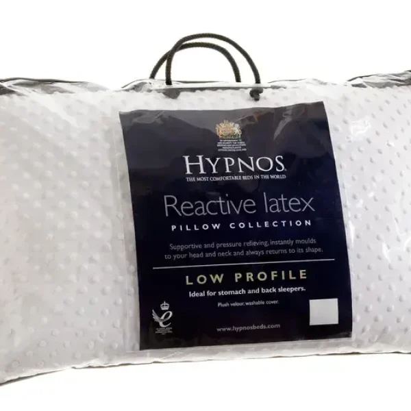 A low-profile latex pillow in a clear plastic bag with the Hypnos branding, shown against a white background. The image highlights the pillow's shape and a label with the product name.