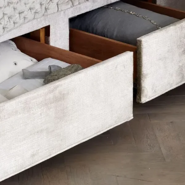 A screenshot showing three images of divan storage options. One image shows an open drawer with pillows and bedding, another shows a divan base with drawers and a mattress, and the third is a diagram of the different drawer configurations available.
