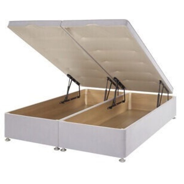 A diagram of a padded top ottoman base, showing a cross-section of its internal storage space. The image highlights the solid, non-sprung construction and the lifting mechanism for storage.