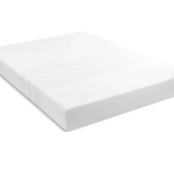 A screenshot of the Breasley Uno EcoBrease Essential Plus mattress product page. The page shows a full-size mattress on a white divan base with a headboard. It highlights key features such as a 5-year guarantee, CertiPUR-EU foam, and its medium-to-firm feel.