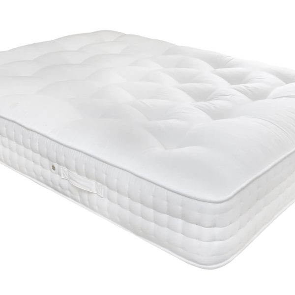 A full shot of the Natural 5000 Pocket Sprung Mattress, showing its thick profile, hand-tufted finish, and luxurious white quilted fabric. Small thumbnails show a detail shot and the side with stitched handles.