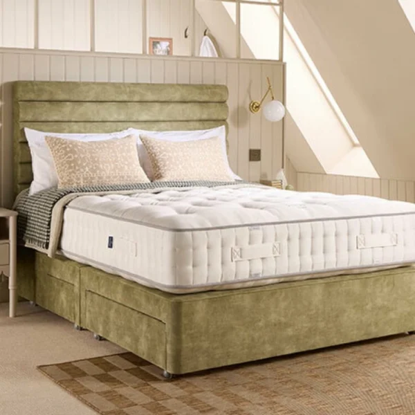 A screenshot of the Harrison Spinks Jade 10,000 mattress product page. The images show a full mattress on a green divan base, a close-up of the mattress's quilting, and a list of key features including 10,000 springs and natural fillings.