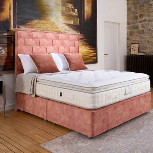 A screenshot of the Harrison Spinks Asscher Pillowtop 11,000 mattress product page. The images show a full mattress on a pink divan base, a close-up of the mattress's quilting, and a list of key features including 11,000 springs and natural fillings.